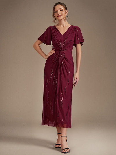 Stunning Sequin Knot Detail V-Neck Tea Length Dress