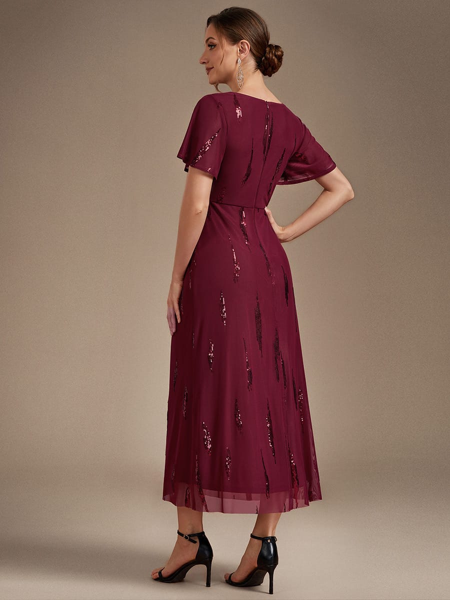 Sequin Tulle Ruffle Sleeve Dress #color_Burgundy