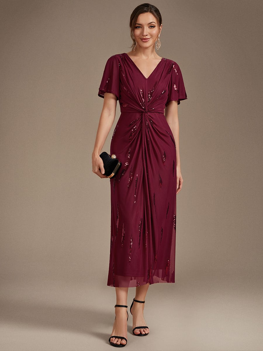 Sequin Tulle Ruffle Sleeve Dress #color_Burgundy