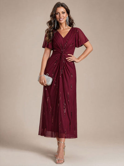Stunning Sequin Knot Detail V-Neck Tea Length Mother of the Bride Dress