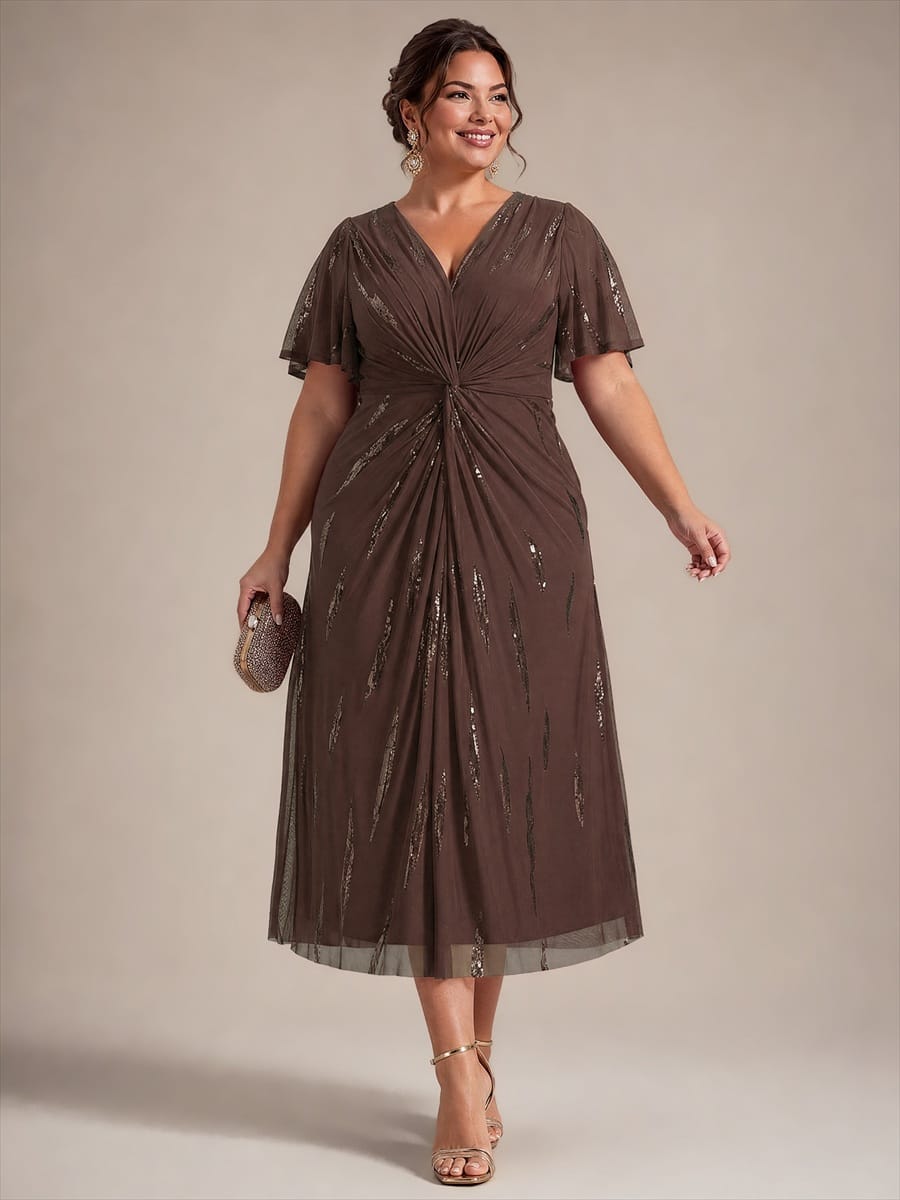 Sequin Tulle Ruffle Sleeve Dress #color_Chocolate brown