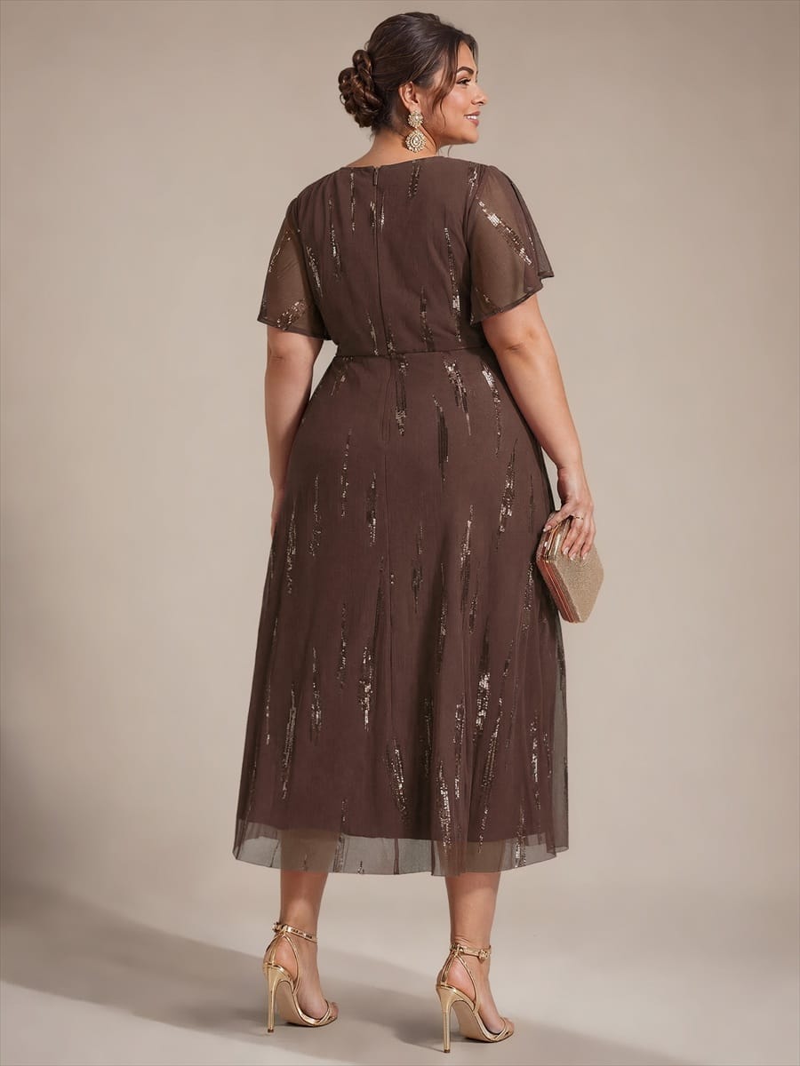 Sequin Tulle Ruffle Sleeve Dress #color_Chocolate brown