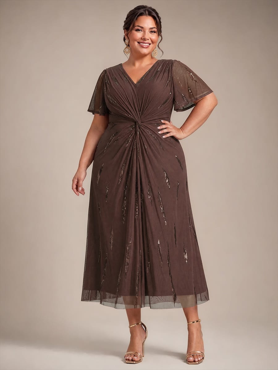 Sequin Tulle Ruffle Sleeve Dress #color_Chocolate brown
