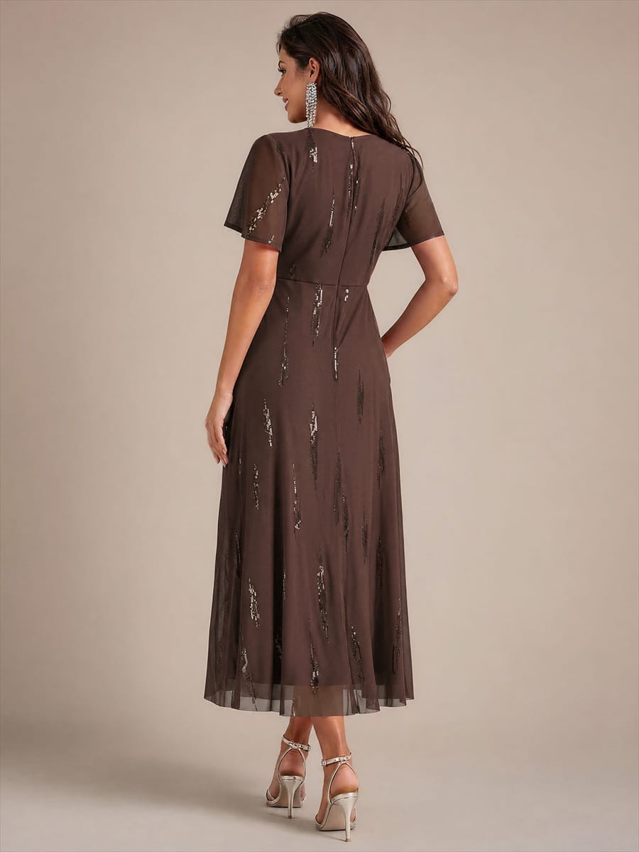 Sequin Tulle Ruffle Sleeve Dress #color_Chocolate brown