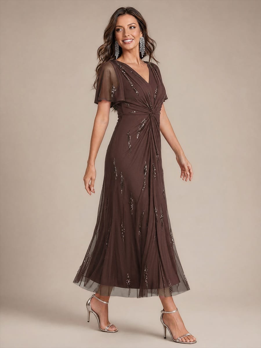 Sequin Tulle Ruffle Sleeve Dress #color_Chocolate brown