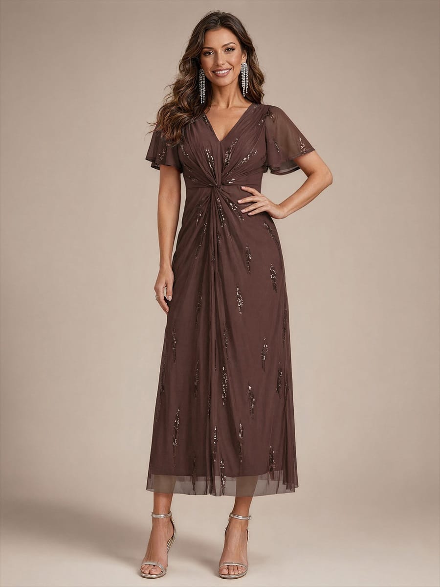 Sequin Tulle Ruffle Sleeve Dress #color_Chocolate brown