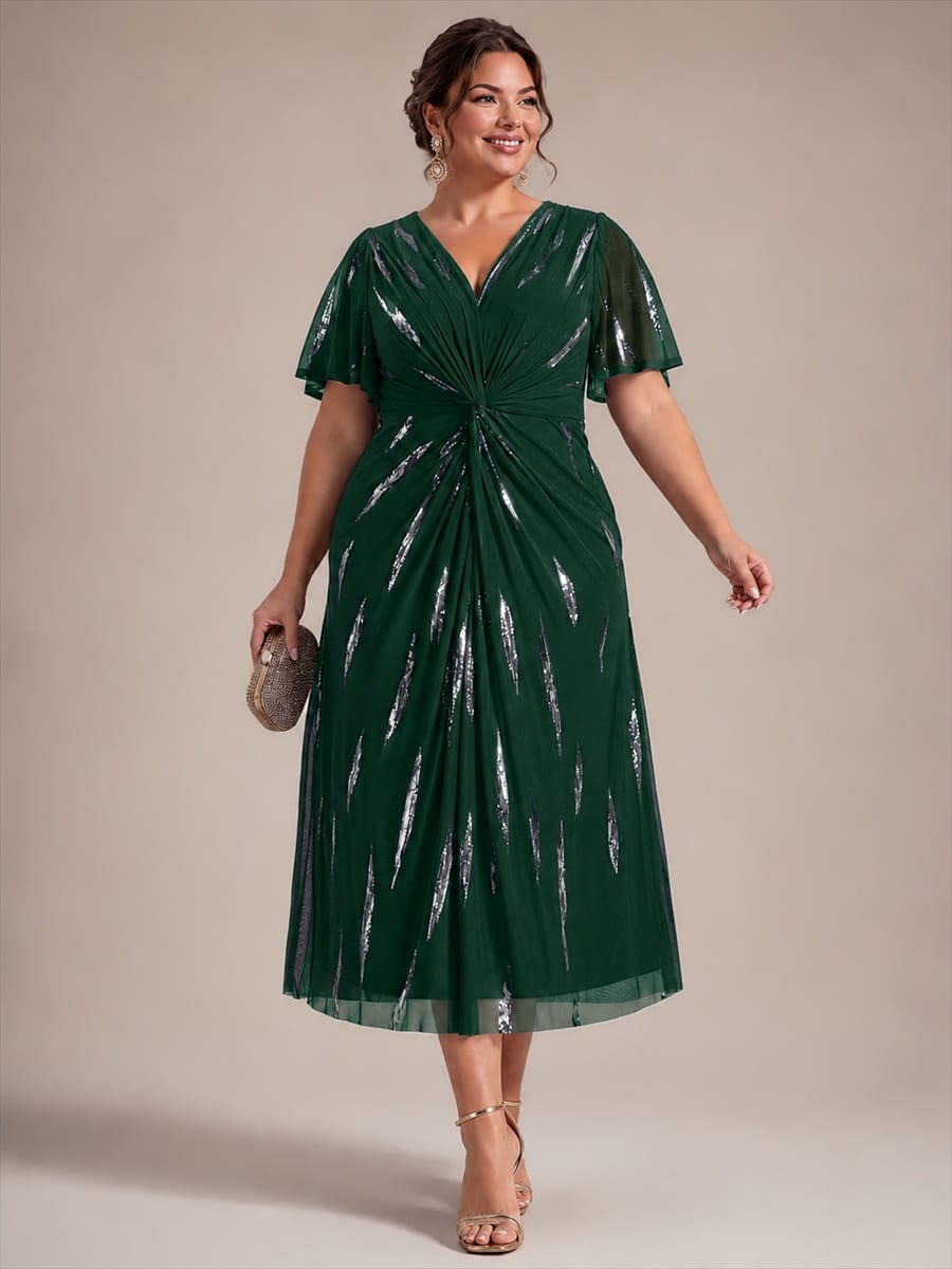 Sequin Tulle Ruffle Sleeve Dress #color_Dark Green