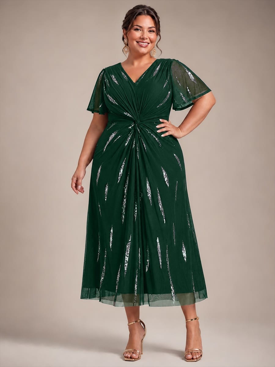 Sequin Tulle Ruffle Sleeve Dress #color_Dark Green