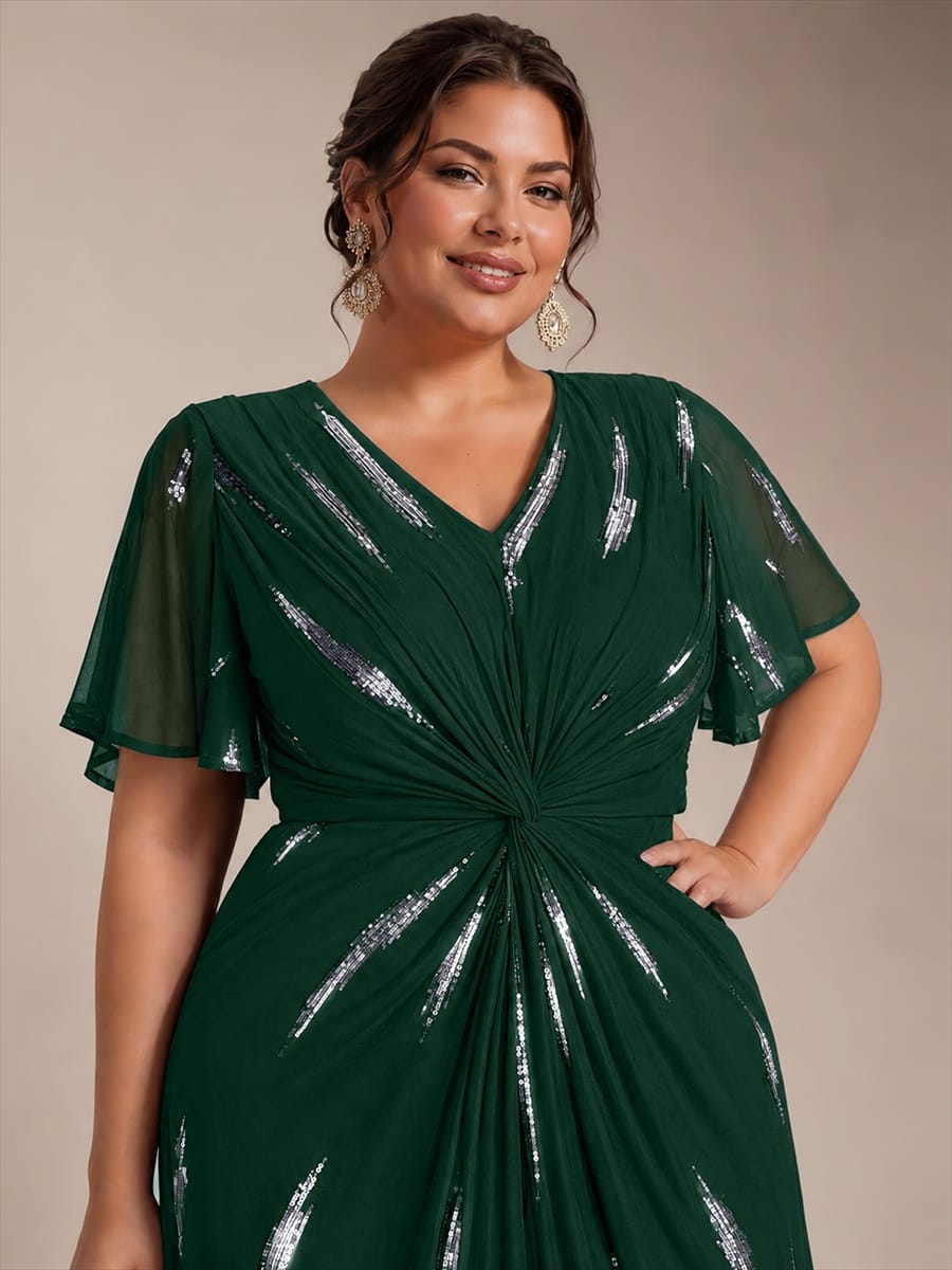 Sequin Tulle Ruffle Sleeve Dress #color_Dark Green