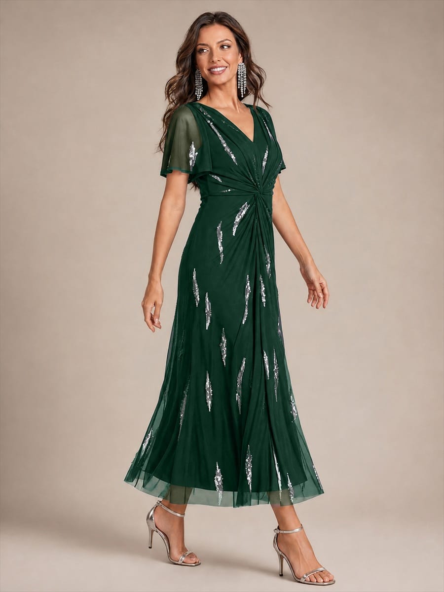 Sequin Tulle Ruffle Sleeve Dress #color_Dark Green