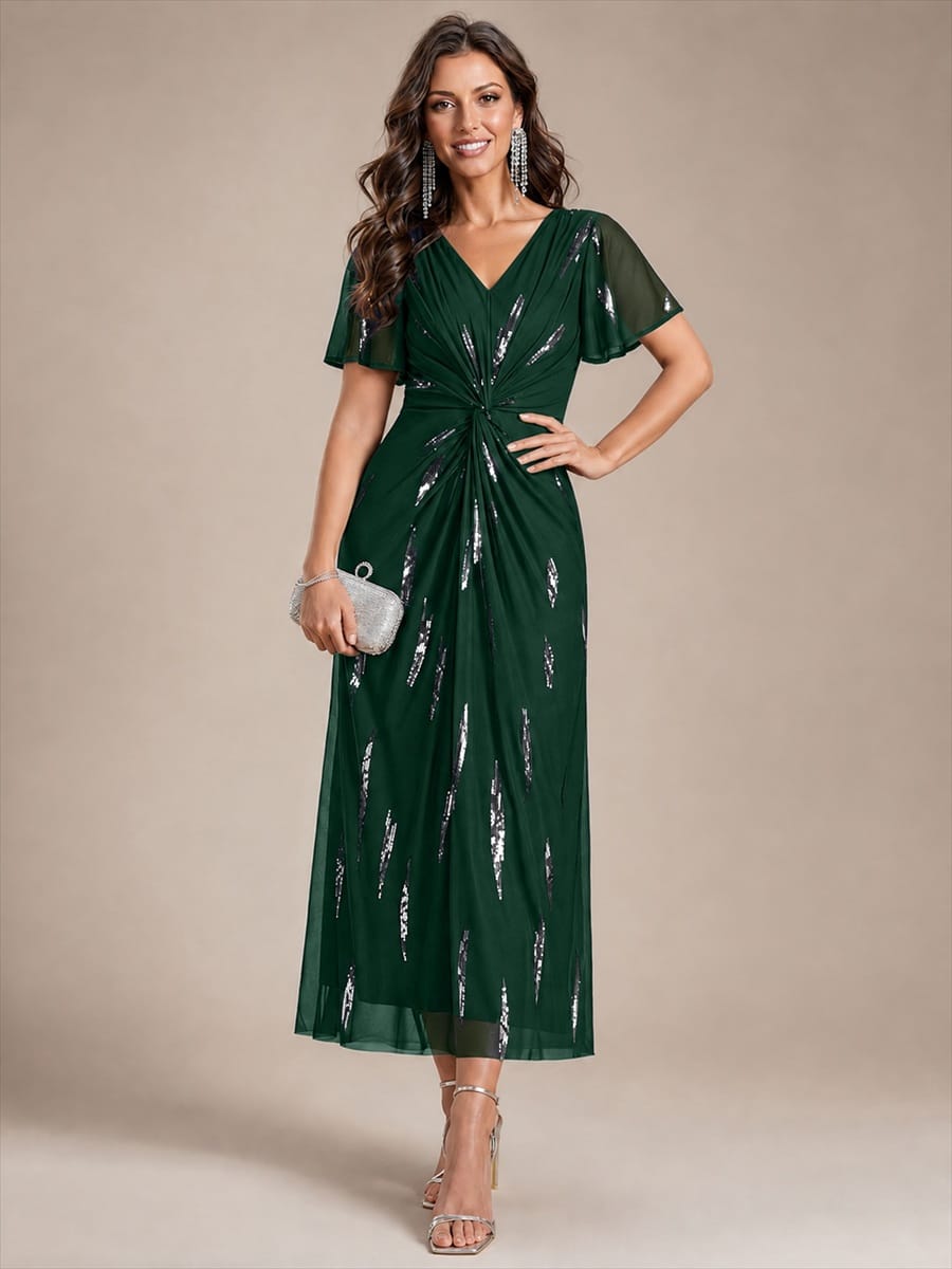 Sequin Tulle Ruffle Sleeve Dress #color_Dark Green