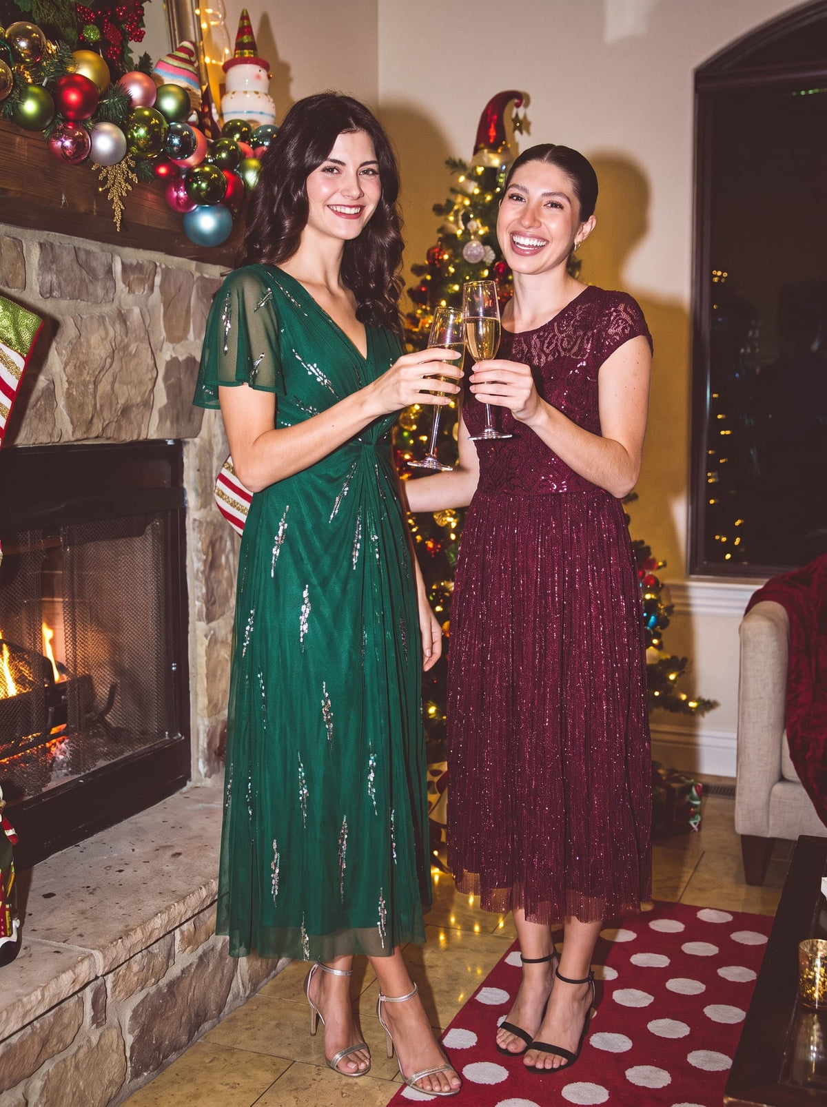 Sequin Tulle Ruffle Sleeve Dress #color_Dark Green