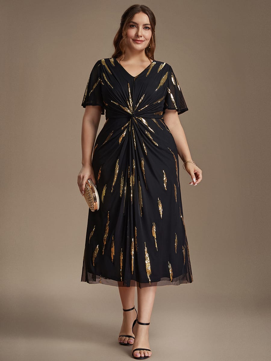 Sequin Tulle Ruffle Sleeve Dress #color_Black & Gold