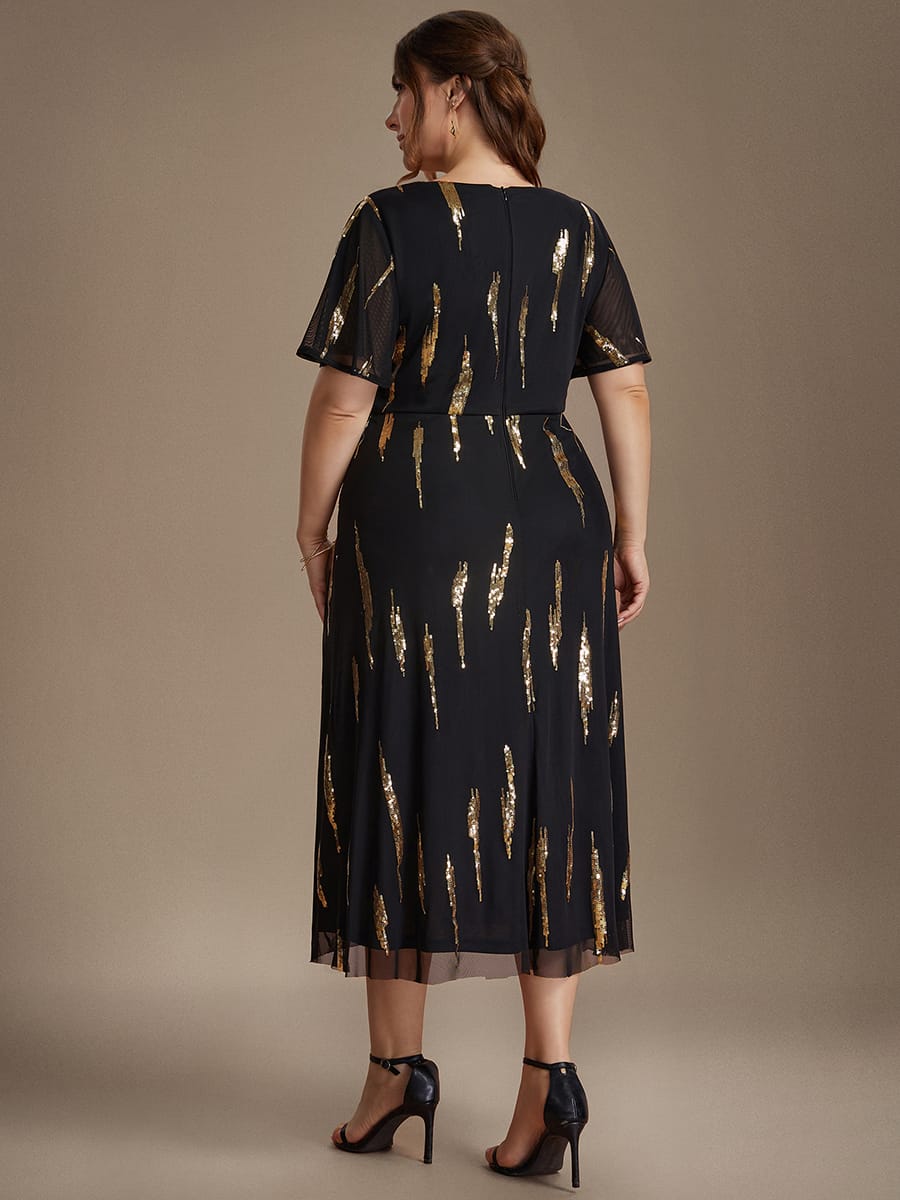 Sequin Tulle Ruffle Sleeve Dress #color_Black & Gold