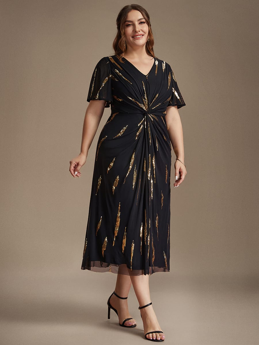 Sequin Tulle Ruffle Sleeve Dress #color_Black & Gold