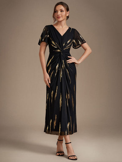 Stunning Sequin Knot Detail V-Neck Tea Length Dress