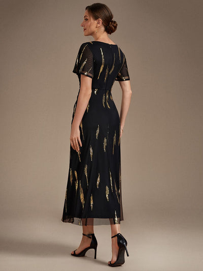 Sequin Tulle Ruffle Sleeve Dress #color_Black & Gold