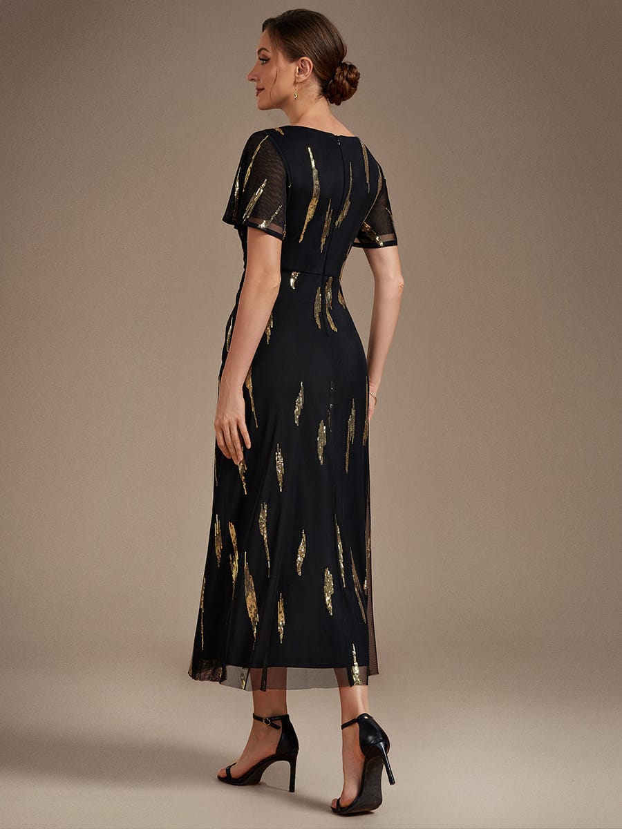 Sequin Tulle Ruffle Sleeve Dress #color_Black & Gold