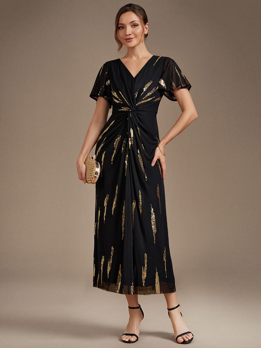 Sequin Tulle Ruffle Sleeve Dress #color_Black & Gold