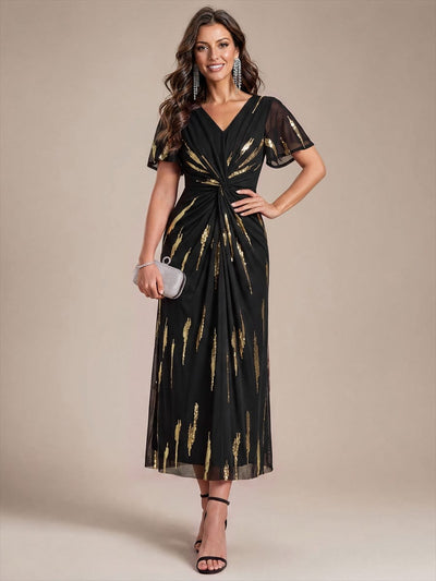 Stunning Sequin Knot Detail V-Neck Tea Length Evening Dress