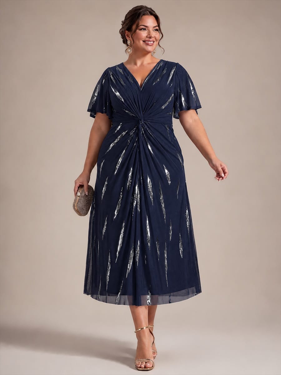 Sequin Tulle Ruffle Sleeve Dress #color_Navy Blue