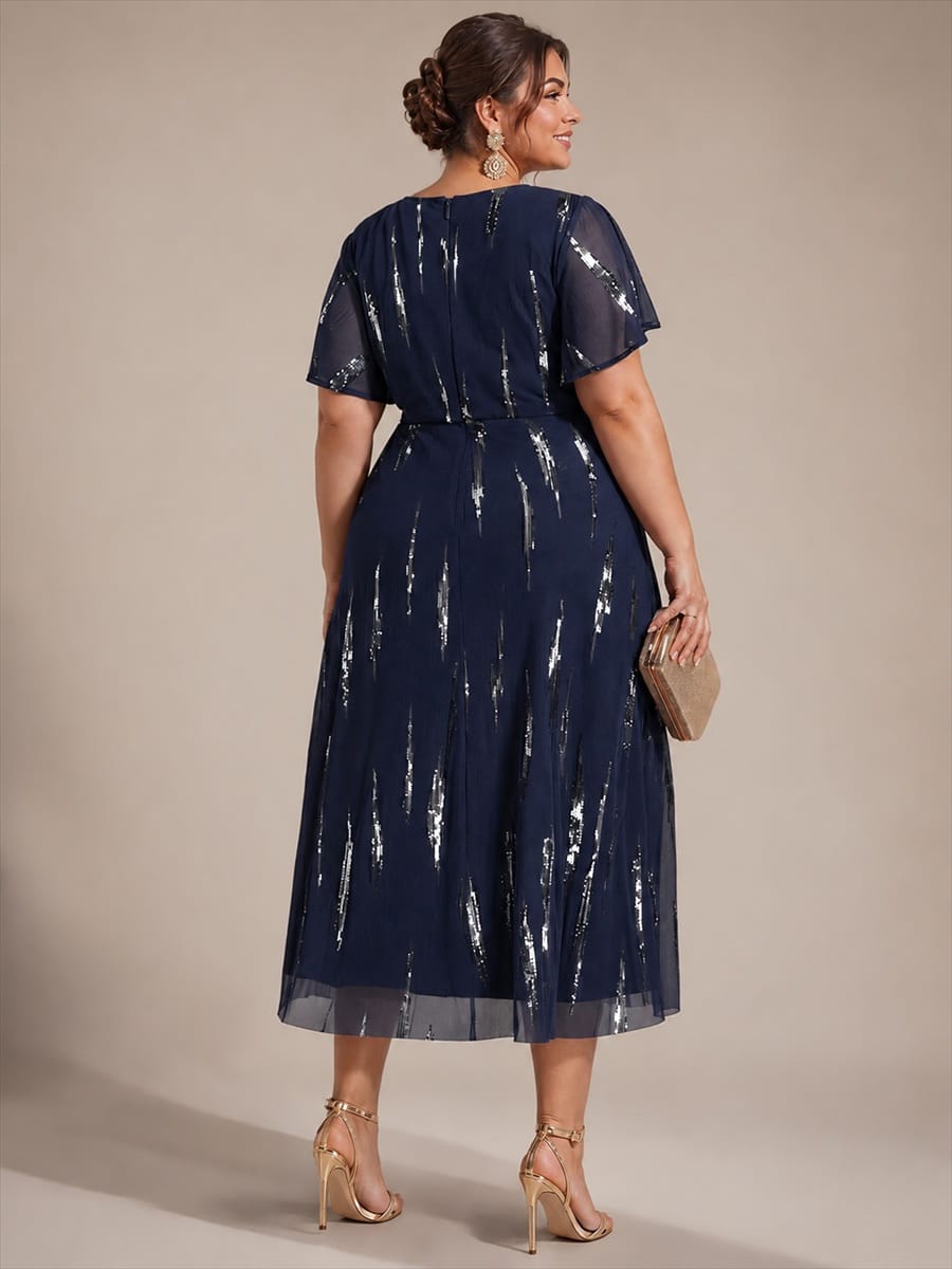 Sequin Tulle Ruffle Sleeve Dress #color_Navy Blue