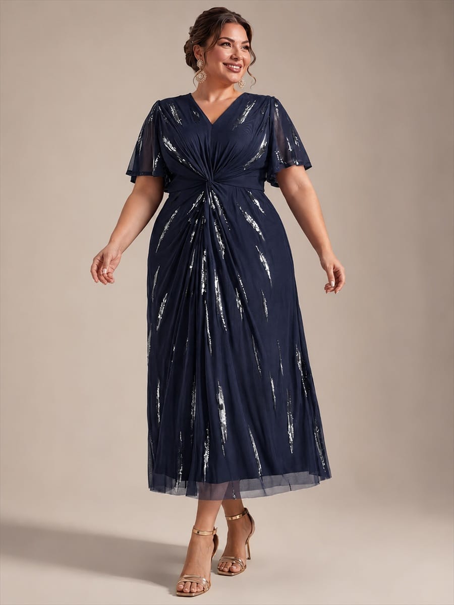 Sequin Tulle Ruffle Sleeve Dress #color_Navy Blue