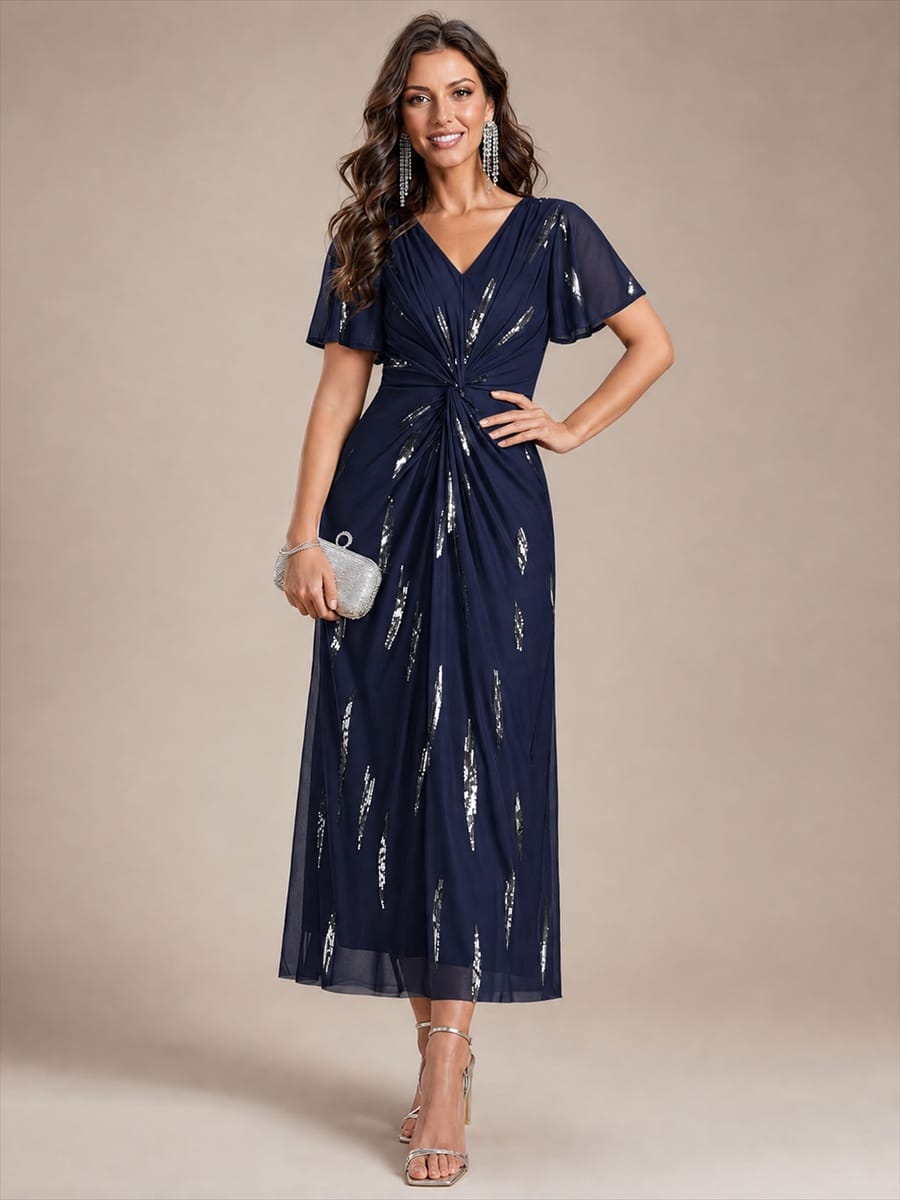 Sequin Tulle Ruffle Sleeve Dress #color_Navy Blue