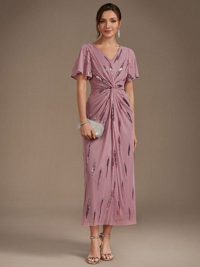 Stunning Sequin Knot Detail V-Neck Tea Length Dress