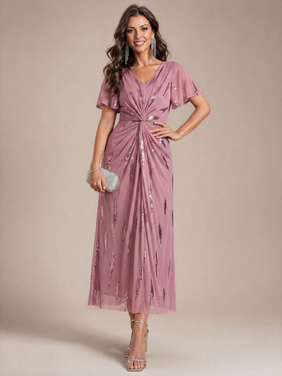 Stunning Sequin Knot Detail V-Neck Tea Length Evening Dress