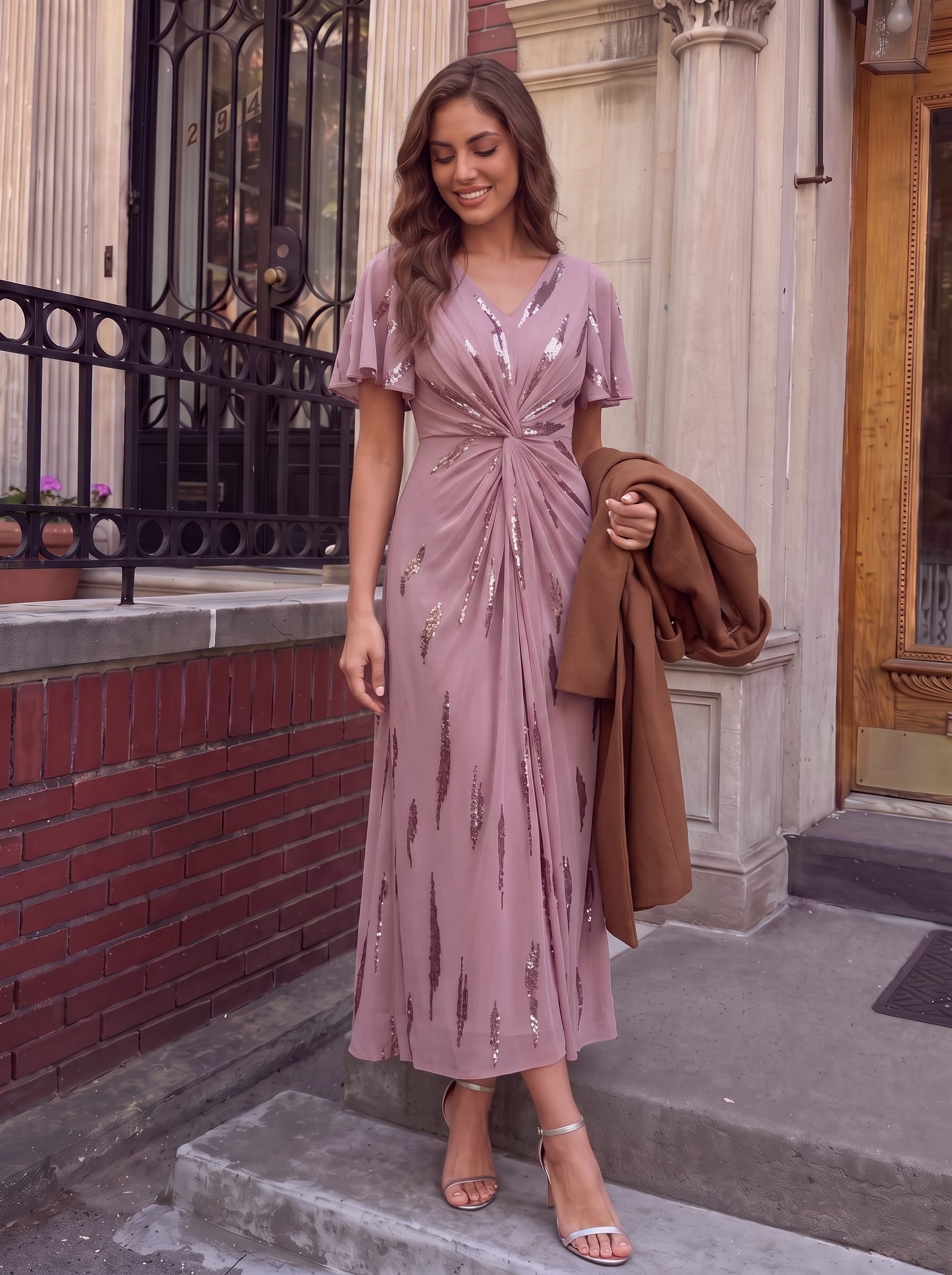 Sequin Tulle Ruffle Sleeve Dress #color_Purple Orchid
