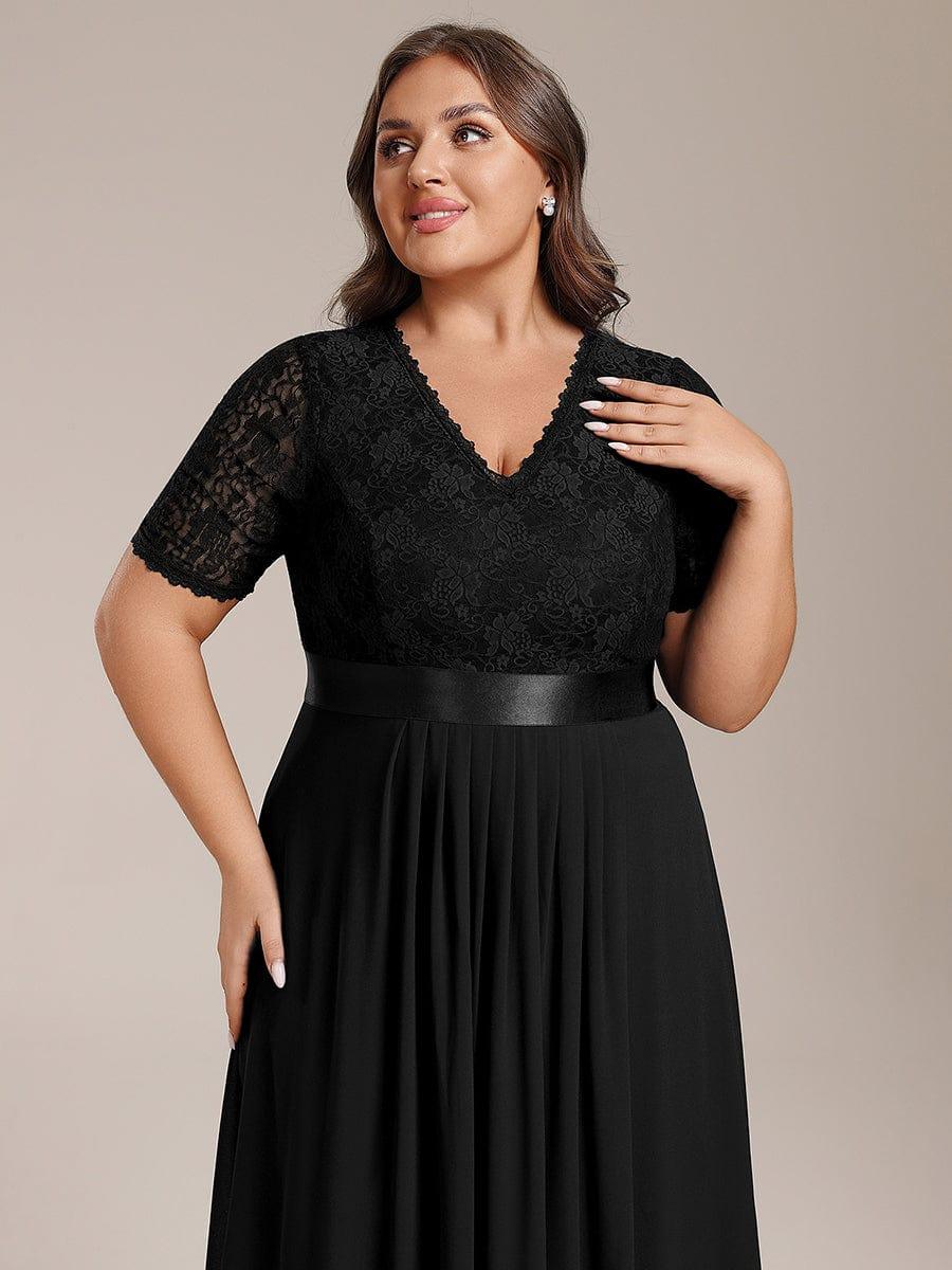 Plus Size Half Sleeve V Neck Midi Wedding Guest Dress With Lace #color_Black