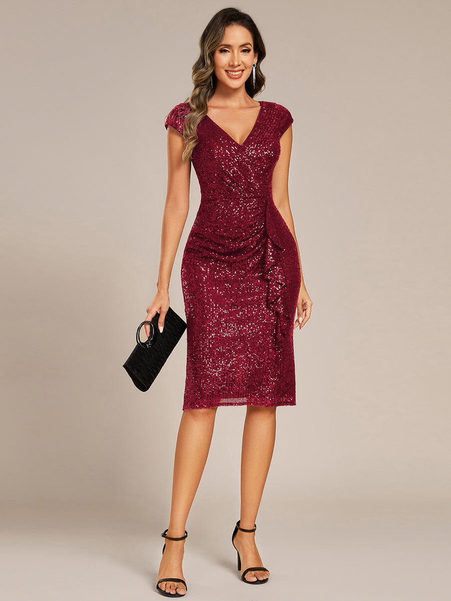 V-Neck Sequin Bodycon Midi Dress with Cap Sleeves for Stylish