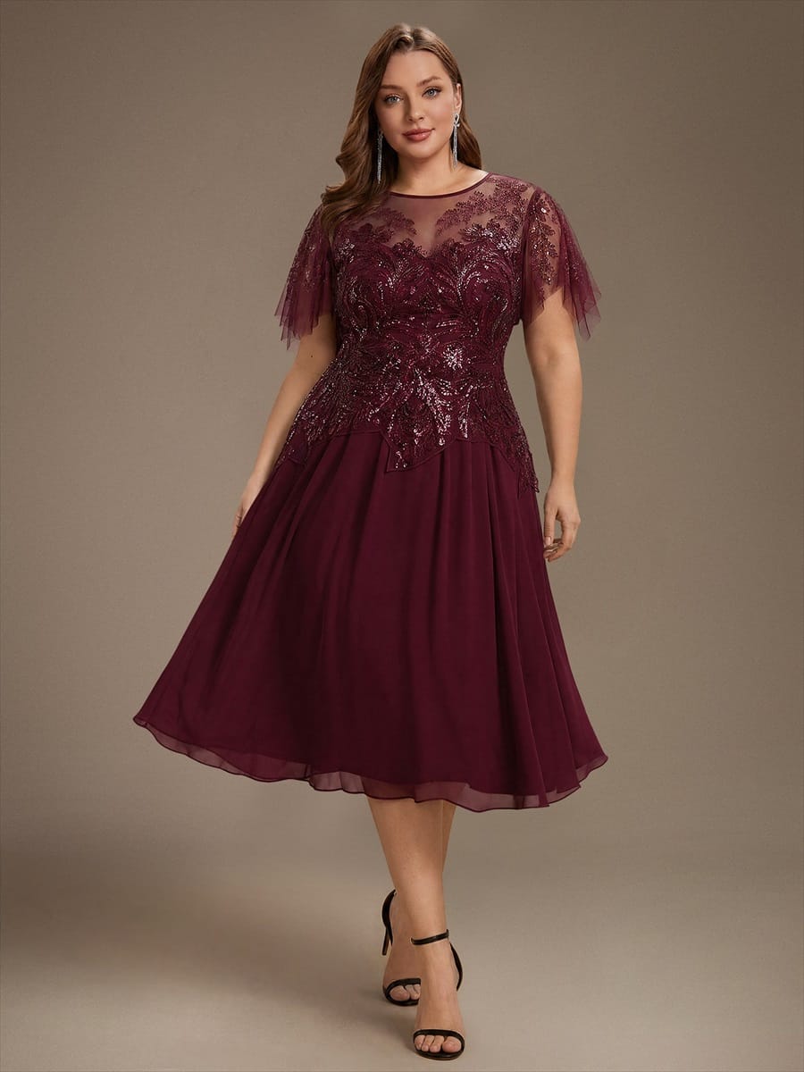 Beaded Tulle Ruffle Sleeve Dress #color_Burgundy