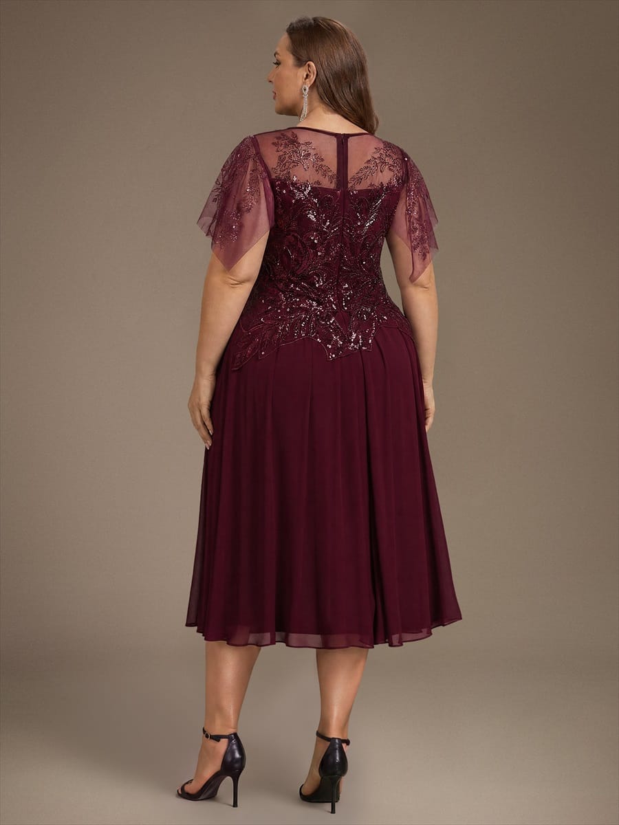 Beaded Tulle Ruffle Sleeve Dress #color_Burgundy