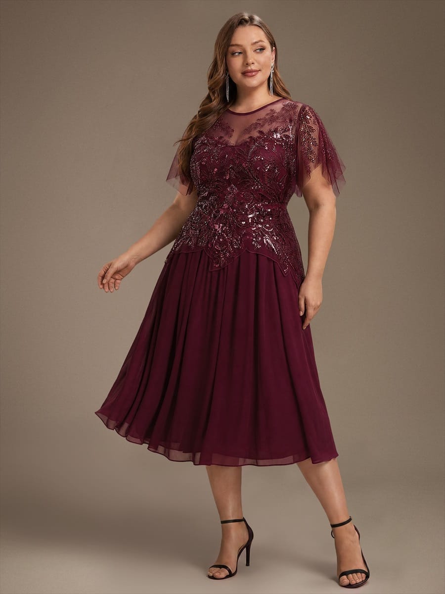 Beaded Tulle Ruffle Sleeve Dress #color_Burgundy
