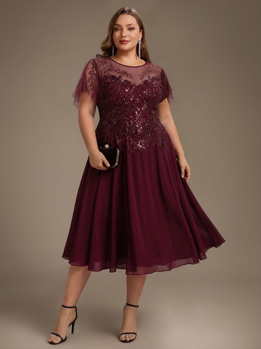Beaded Tulle Ruffle Sleeve Dress #color_Burgundy