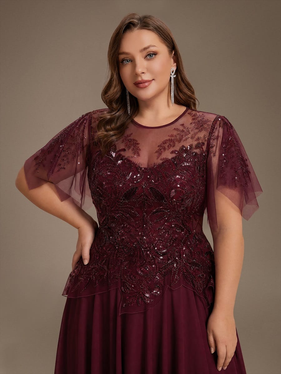 Beaded Tulle Ruffle Sleeve Dress #color_Burgundy