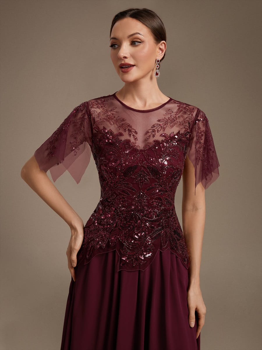 Beaded Tulle Ruffle Sleeve Dress #color_Burgundy