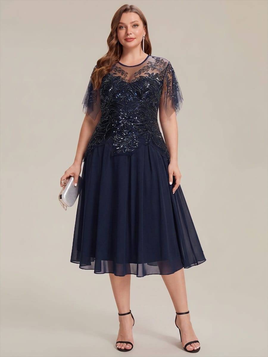 Beaded Tulle Ruffle Sleeve Dress #color_Navy Blue