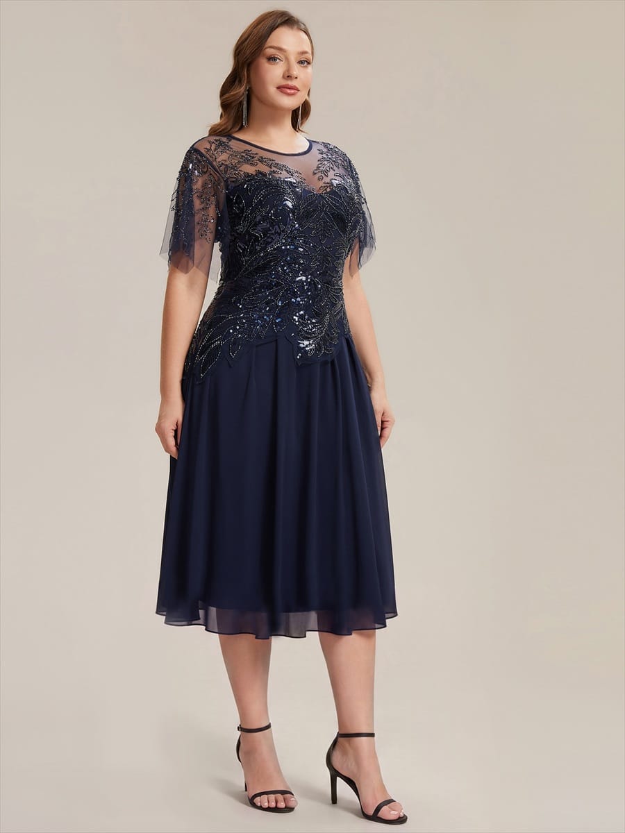 Beaded Tulle Ruffle Sleeve Dress #color_Navy Blue