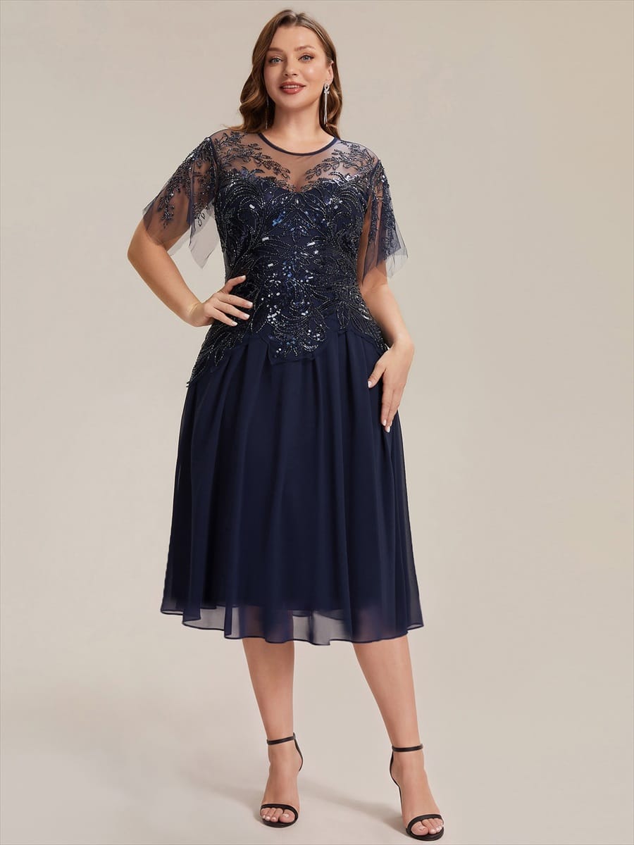 Beaded Tulle Ruffle Sleeve Dress #color_Navy Blue