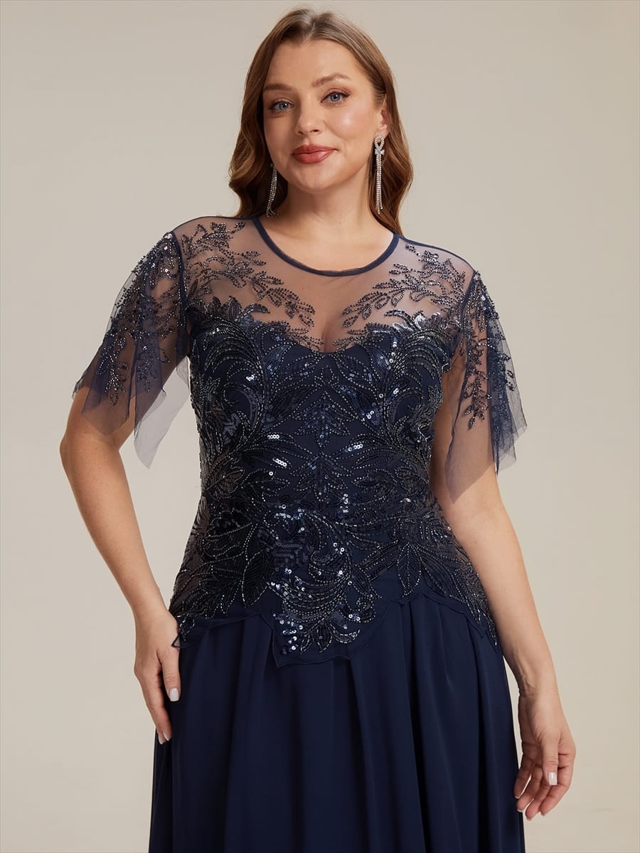 Beaded Tulle Ruffle Sleeve Dress #color_Navy Blue