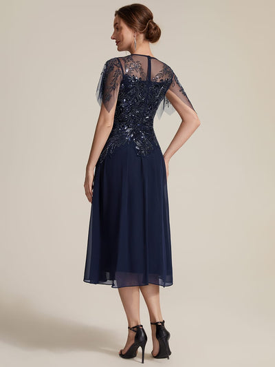 Beaded Tulle Ruffle Sleeve Midi Dress