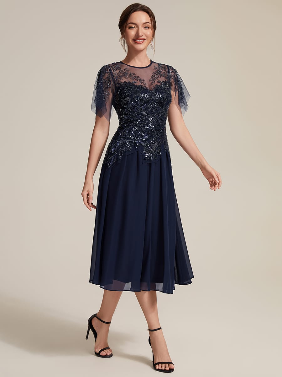 Beaded Tulle Ruffle Sleeve Dress #color_Navy Blue