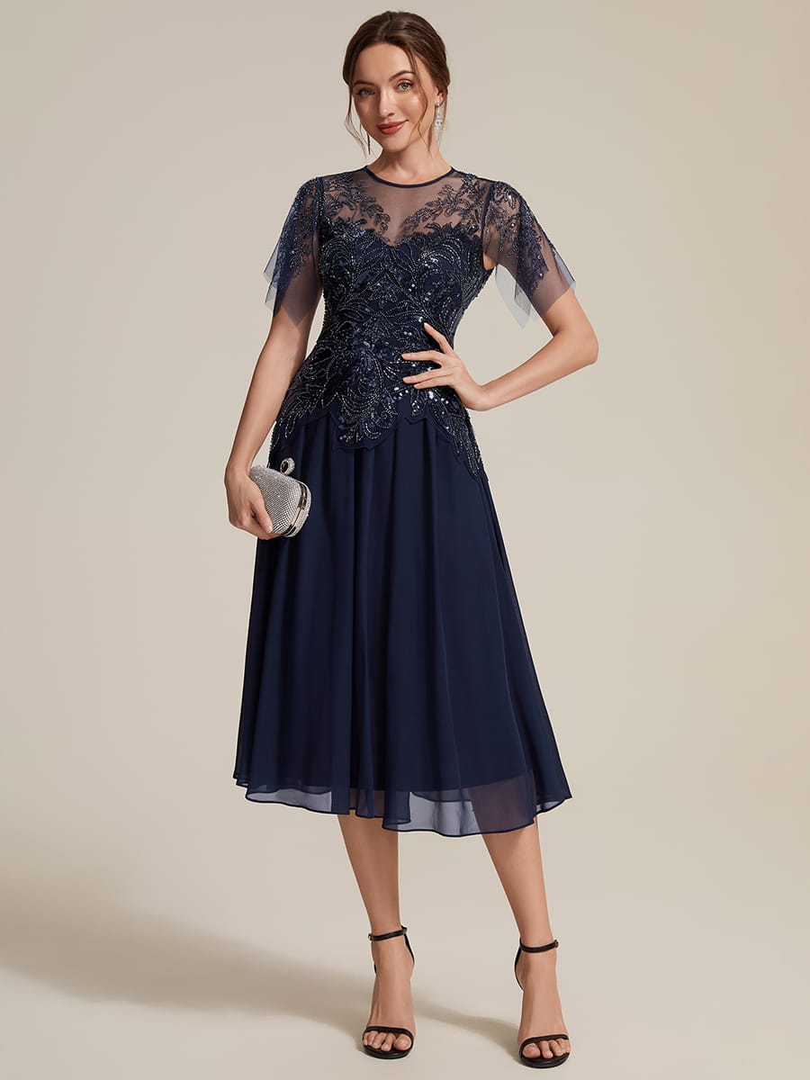 Beaded Tulle Ruffle Sleeve Dress #color_Navy Blue