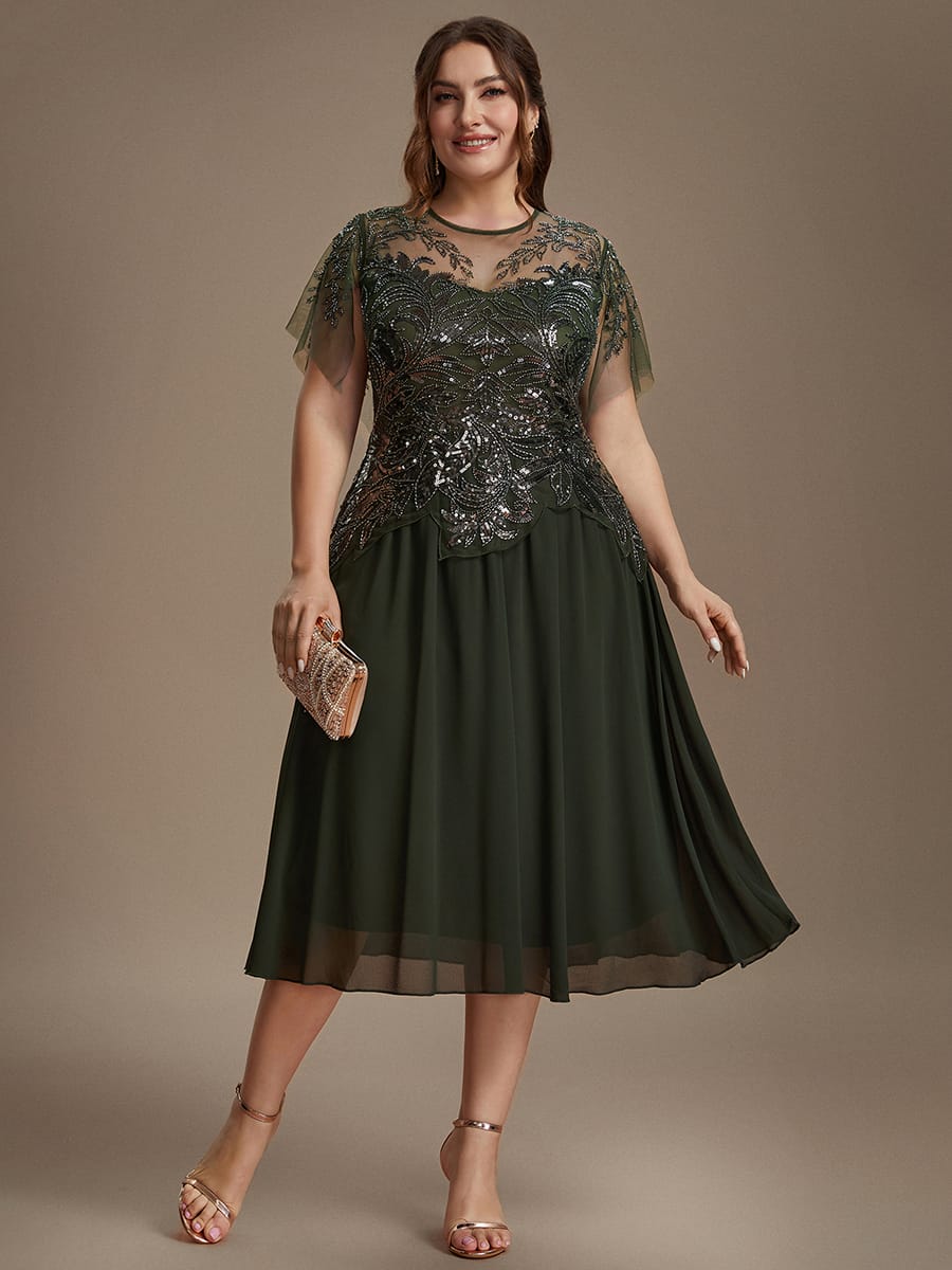 Beaded Tulle Ruffle Sleeve Dress #color_Olive Green