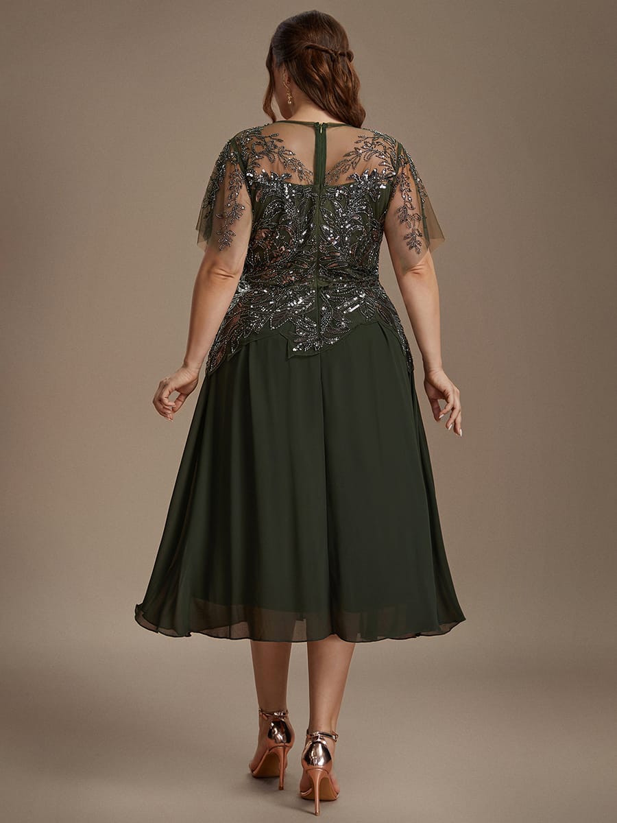 Beaded Tulle Ruffle Sleeve Dress #color_Olive Green