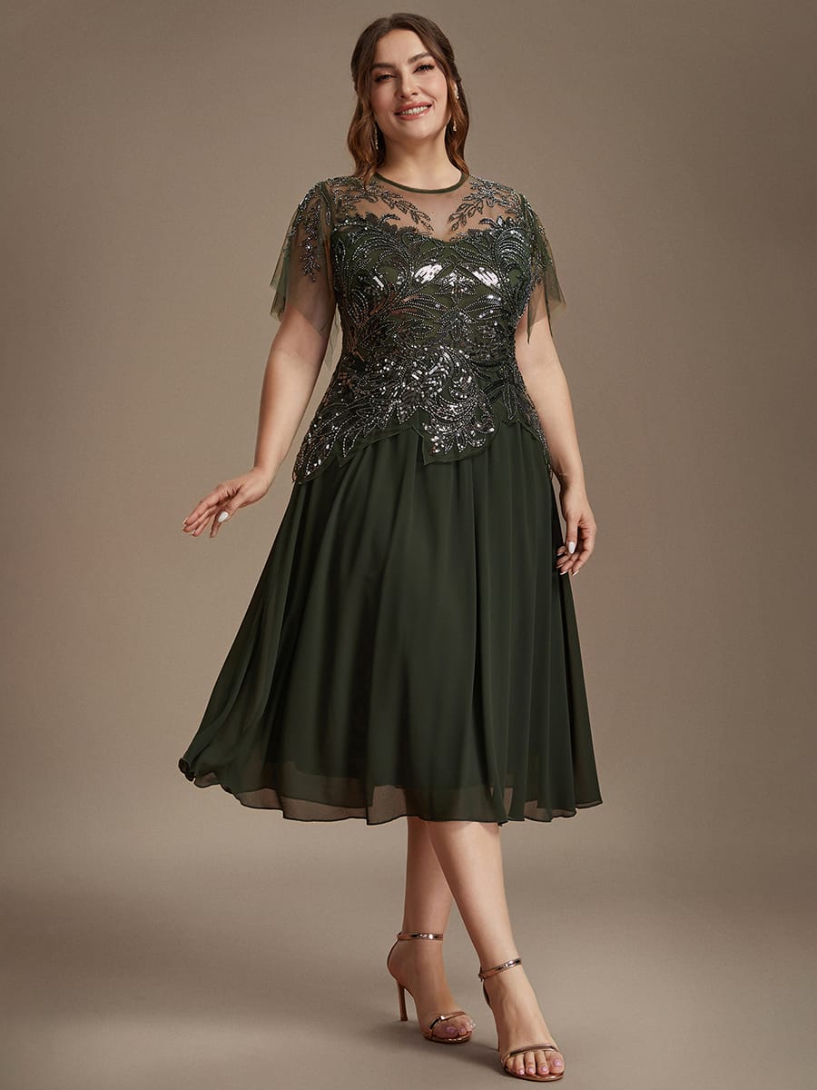 Beaded Tulle Ruffle Sleeve Dress #color_Olive Green