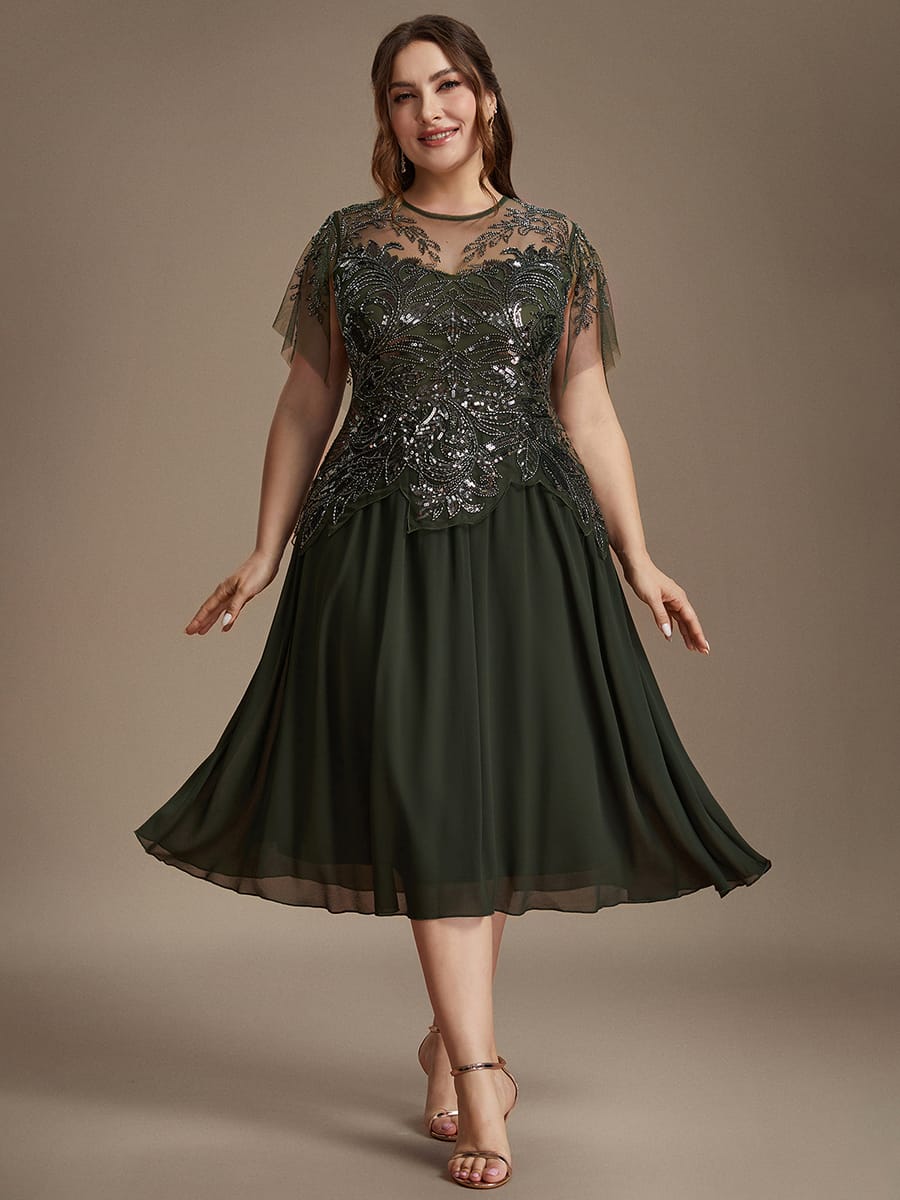 Beaded Tulle Ruffle Sleeve Dress #color_Olive Green
